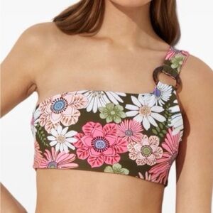 Agua Bendita Olive Floral One-Shoulder Bikini Top - Pink White Green